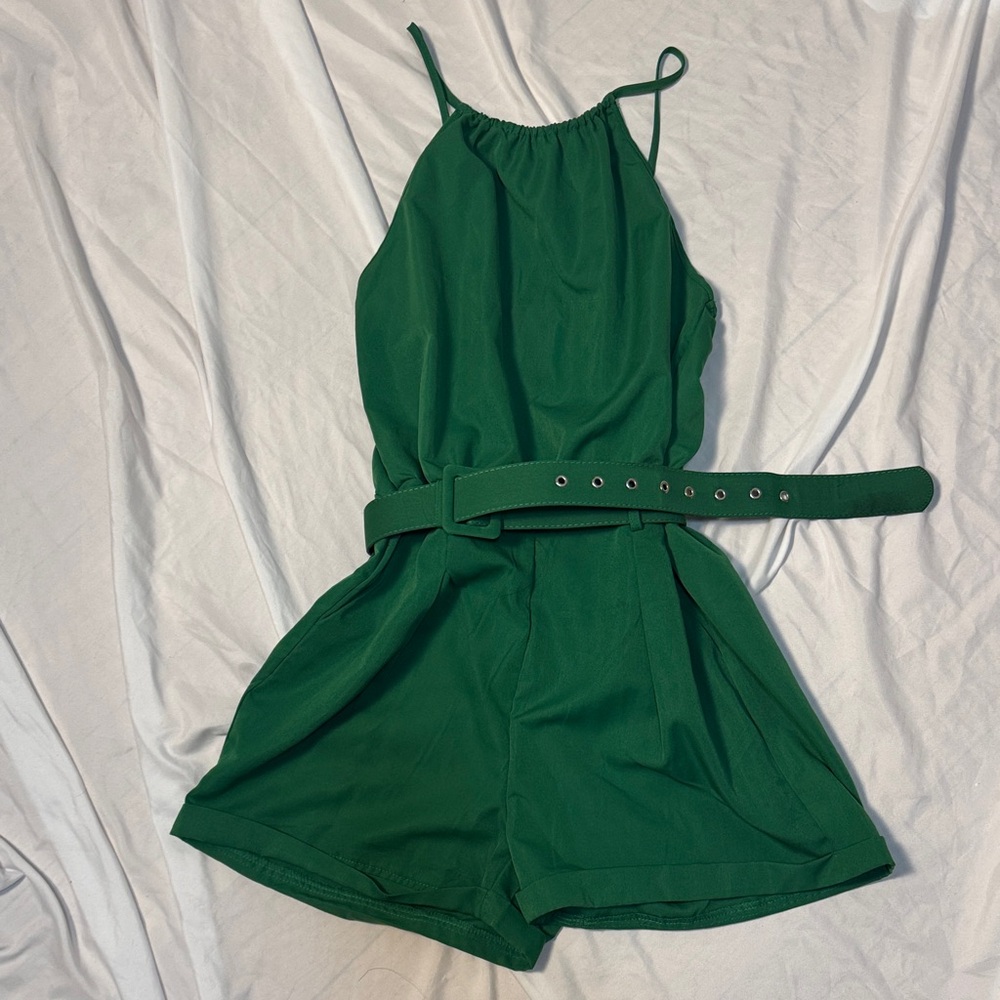 Green Sleeveless Romper with Belt